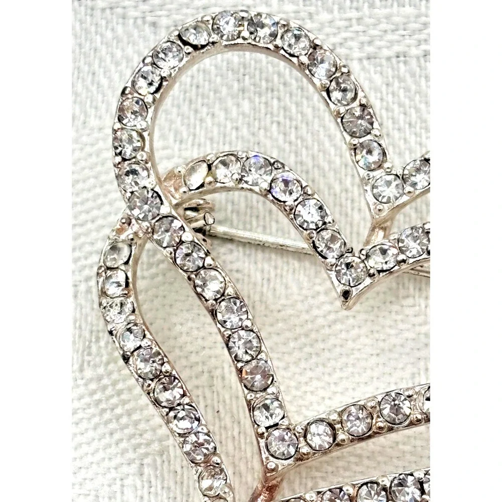 Intertwined Double Heart Brooch Silver Tone Clear Rhinestones Love‎ Pin Bridal